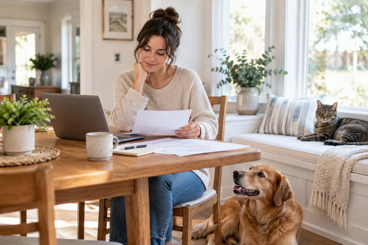 Owner reviewing paperwork at a table while a dog rests nearby