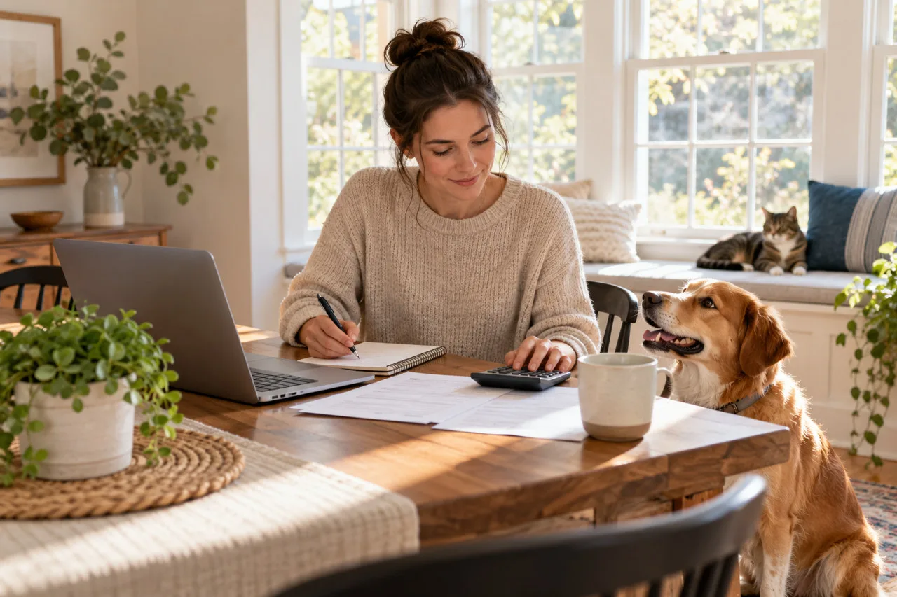 Owner reviewing papers at home with a cat and a dog nearby